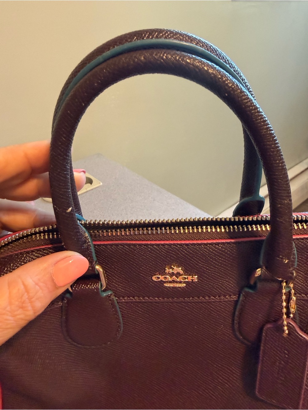 Coach Leather Satchel in Deep Merlot with Pink Piping - Picture 11 of 12